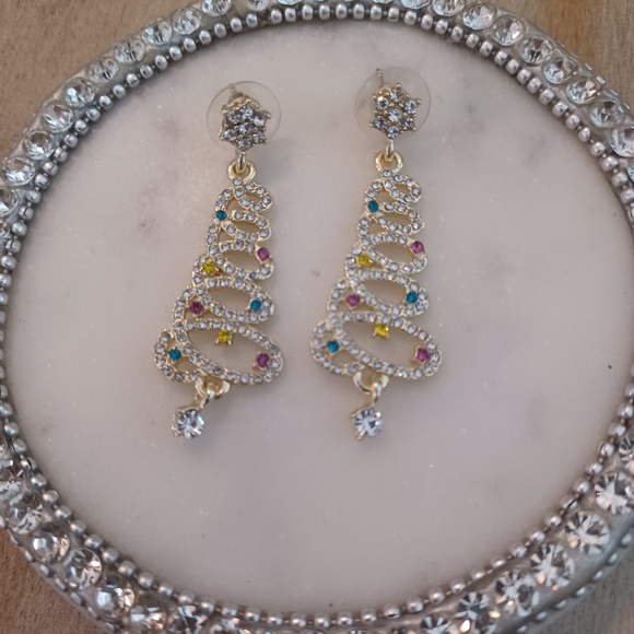 Gold Rhinestone Christmas Tree Star Drop Stud Earrings - Picture 7 of 7